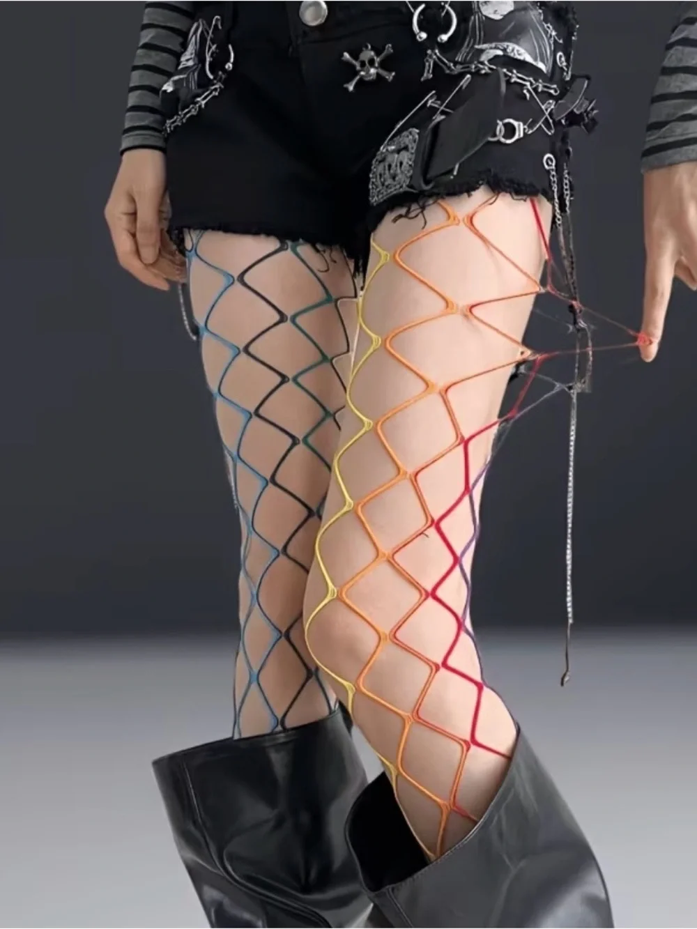 Multicolor Crisscross Fishnet Thigh-Highs Stockings - Women Accessories